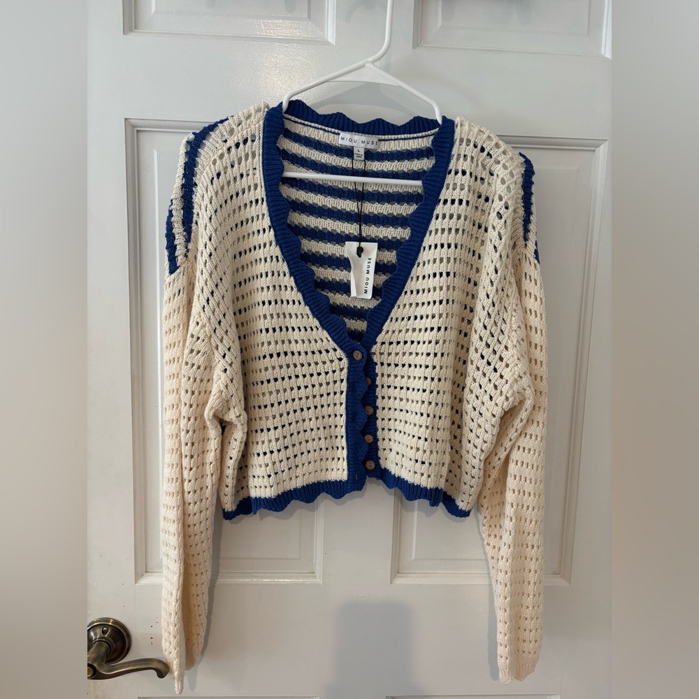 Cream and Blue Knit Cardigan